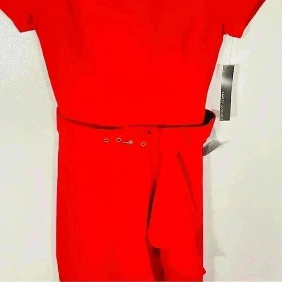 NWT Maggy London Crepe Arc Shoulder Cascade Skirt Belted Fit & Flare Midi Dress - Picture 5 of 9